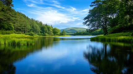 Fototapeta premium Serene Lake Surrounded by Lush Green Trees Under a Bright Blue Sky for Nature Enthusiasts : Generative AI
