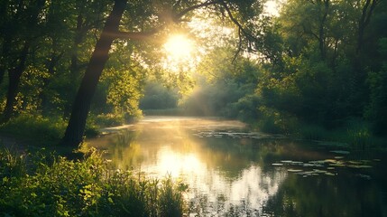 Obraz premium Golden Sunrise Over Calm River Surrounded by Lush Green Forest : Generative AI