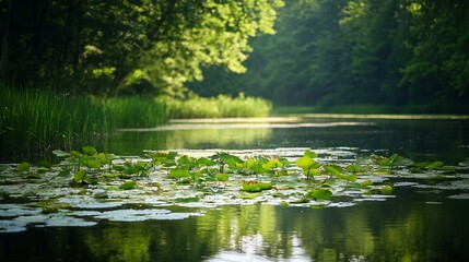Obraz premium Serene River Landscape with Water Lilies and Lush Trees Under Bright Sunlight : Generative AI