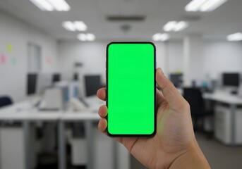 Holding Smartphone with Green Screen in Modern Open Office Space