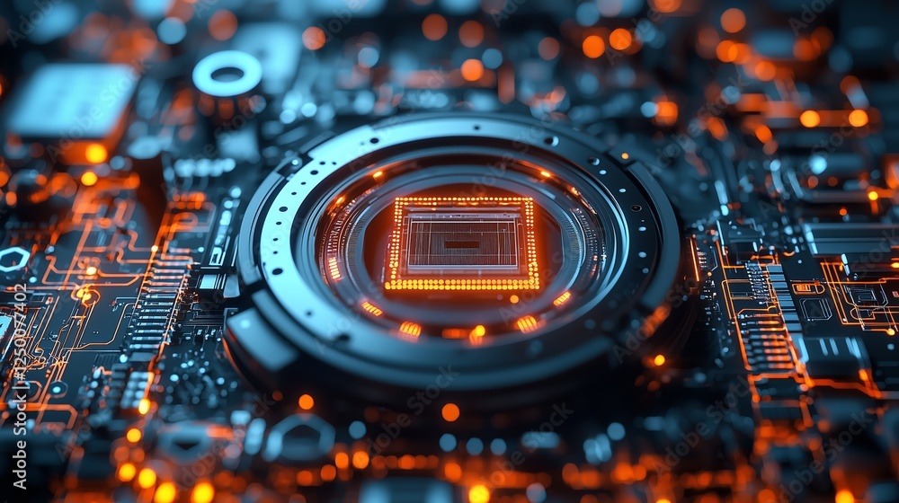 Poster futuristic circuit board with illuminated microchip design