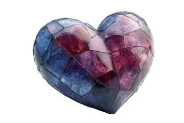 A beautifully crafted mosaic heart representing love and unity, made from vibrant stained glass pieces in shades of blue, purple, and red.