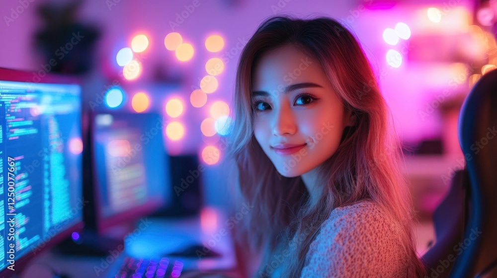 Aufkleber smiling young woman programmer coding at night.
