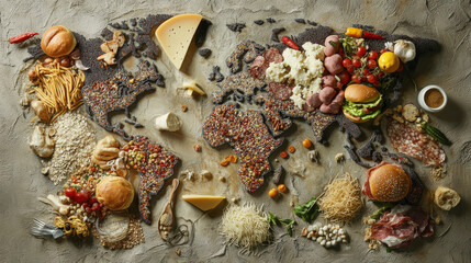 An artistic food-based world map, beautifully composed using an assortment of fresh ingredients