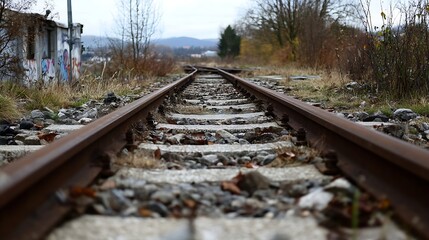 Fototapeta premium Abandoned Railroad Tracks Surrounded by Nature and Overgrown Vegetation : Generative AI