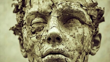 Close-up view of a weathered stone sculpture with cracked surface and intricate details in a somber tone