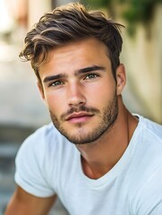 Obraz premium Close Up Portrait of Handsome Young Man with Stylish Hair and Intense Eyes : Generative AI