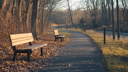 A jogging trail with distance markers and benches.
