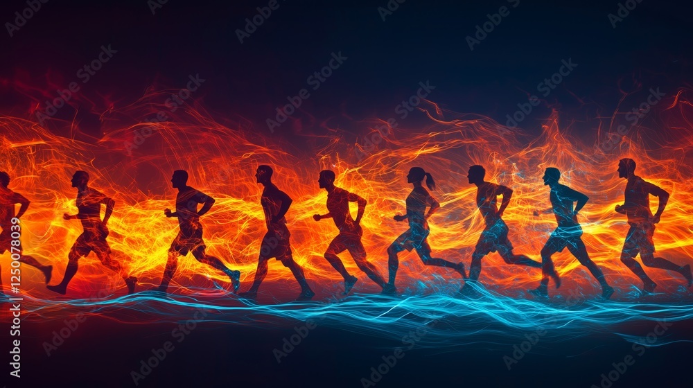 Poster dynamic running figures with flames and light trails