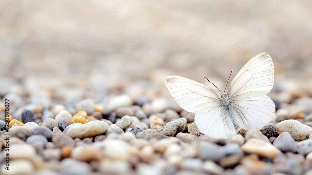 Poster Elegant white butterfly perched on smooth pebbles creating a serene and peaceful natural environment : Generative AI