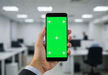 Holding Smartphone with Green Screen in Office Mockup for App Promo