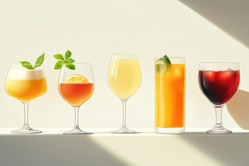 A row of various drinks displayed on a bar counter, including cocktails, sodas, and juices, with colorful garnishes and decorative glasses, ready to be served.