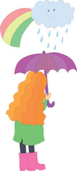 young woman with red hair in a green coat and pink boots stands under an umbrella above her a rainbow and a smiling cloud pouring rain