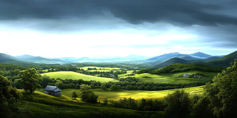 A serene landscape unfolds, featuring rolling hills, lush greenery, and distant mountains under a moody sky.