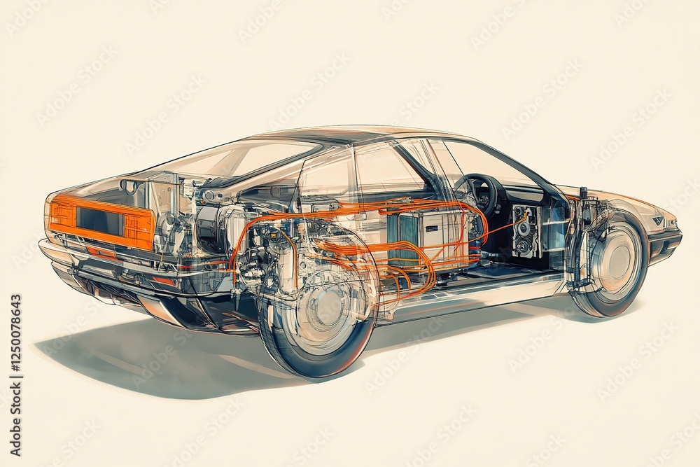 Poster exploring the internal components of a futuristic car design: a transparent view of automotive engin