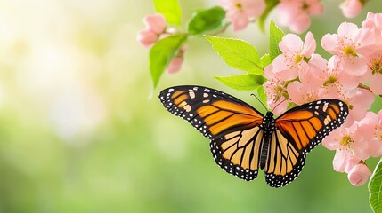 Obraz premium Monarch Butterfly on Pink Blossoms in Sunlight