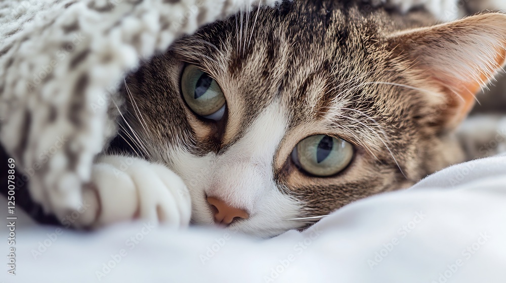 Poster close up of a cute cat relaxing under a soft blanket with green eyes : generative ai