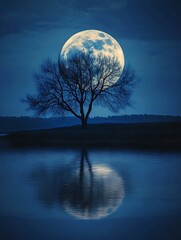 Fototapeta premium Mysterious Night Scene with Tree and Full Moon Reflected in Calm Water : Generative AI