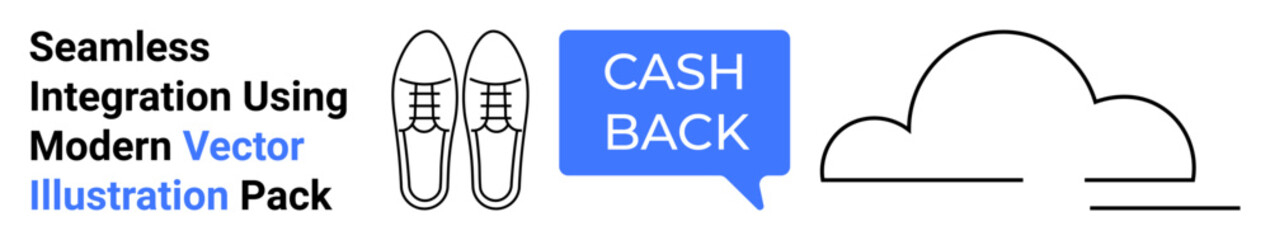 Pair of line-art shoes next to a speech bubble with CASH BACK text and a simple cloud illustration represent discounts, e-commerce, modern tech, and savings. Ideal for retail, tech, communication