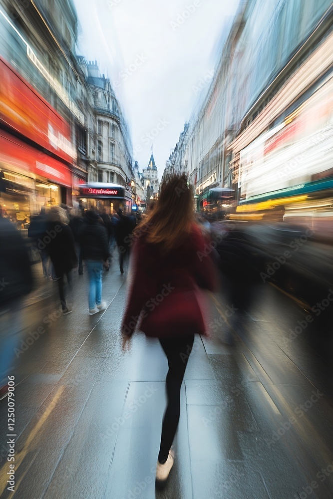 Poster dynamic urban scene featuring busy street life with motion blur : generative ai