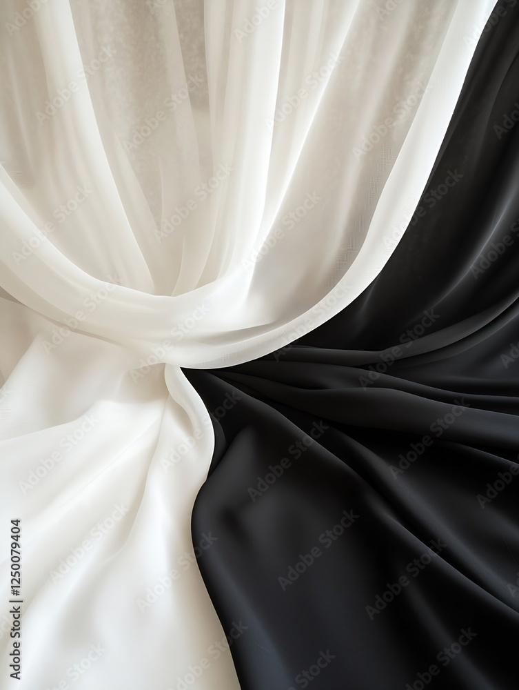 Poster Beautiful draped fabric in contrasting black and white colors creating a smooth texture : Generative AI
