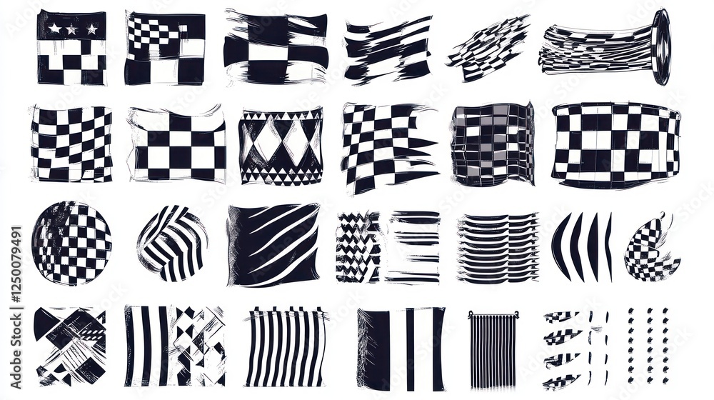 Poster collection of abstract black and white checkered flags and patterns.