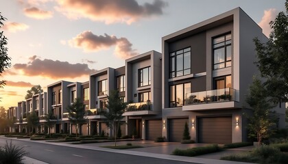 Fototapeta premium Modern Townhouses at Sunset: Architectural Elegance and Evening Calm