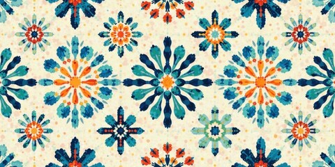 Vibrant Mandala Floral Pattern with Teal, Orange, and Cream Hues Featuring Intricate Designs and a Textured Background Ideal for Textile, Wallpaper, and Home Decor Applications