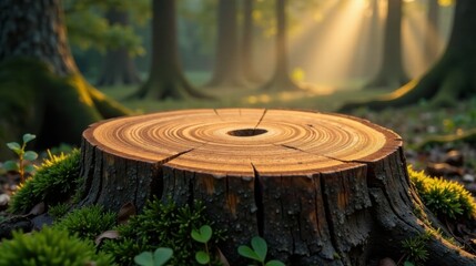 Sunlit Tree Stump in a Forest Grove, Showing Natural Wood Grain and Texture, Surrounded by Lush Greenery