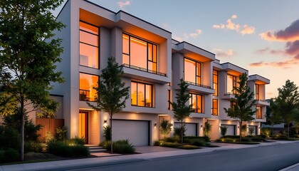 Obraz premium Modern Townhouses: Sunset Glow, Architectural Elegance
