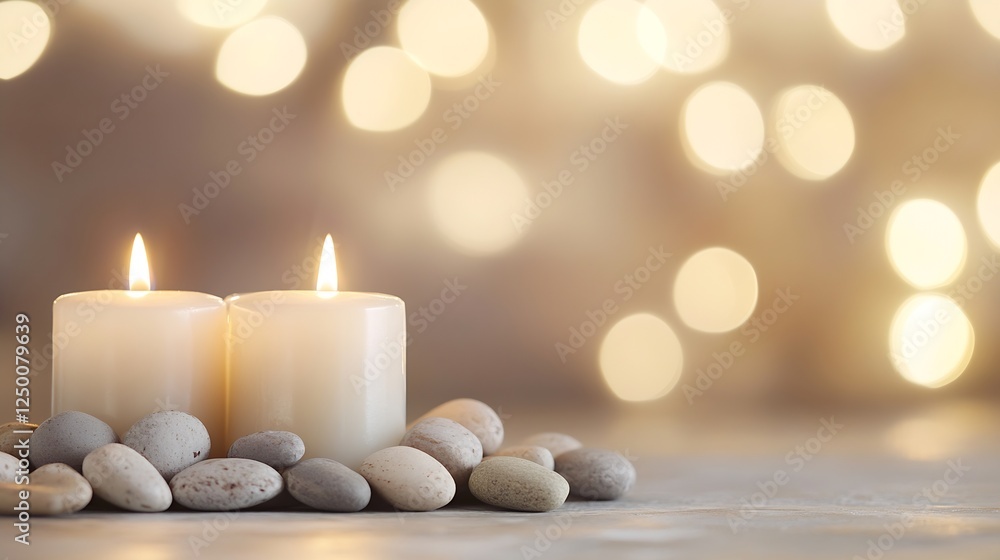 Fototapete relaxing ambiance with two lit candles surrounded by smooth pebbles and a bokeh background : generat