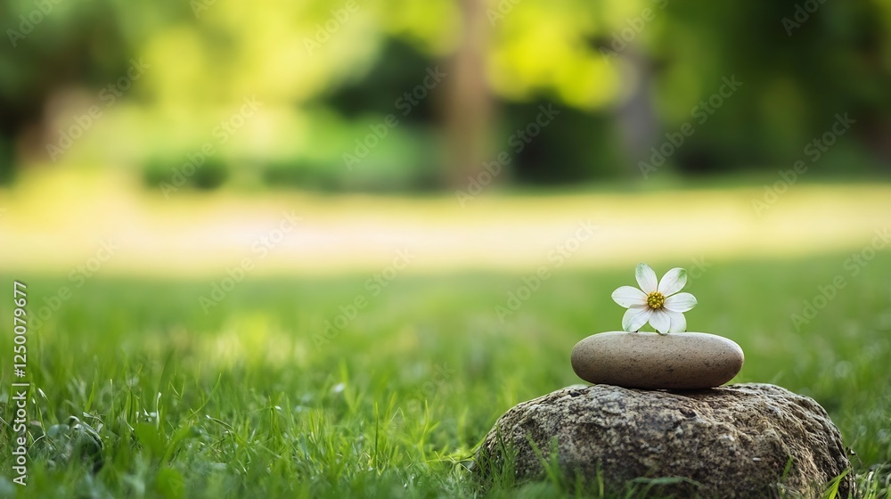 Poster delicate flower atop smooth stone set against a lush green background in a serene outdoor environmen