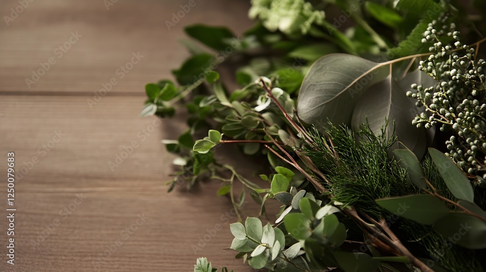Aufkleber fresh green herbs and foliage artfully arranged on rustic wooden table surface : generative ai