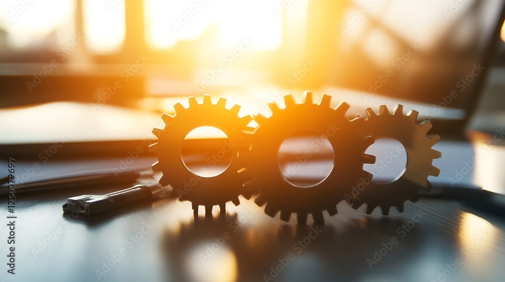 Aufkleber industrial gears arranged artistically on a desk with backlight symbolizing innovation and engineeri