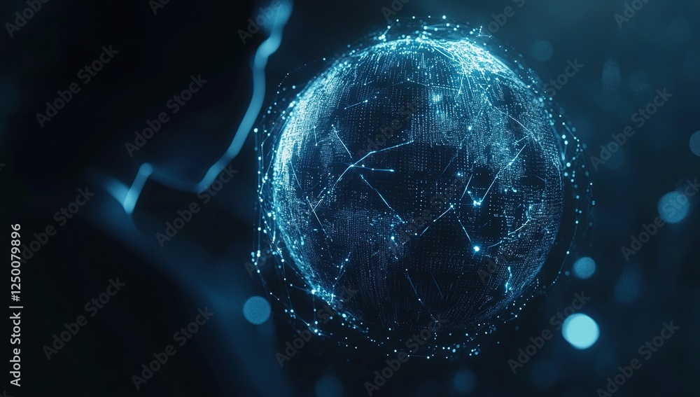 Poster global network: data flows across continents, illuminating connections worldwide through digital pat