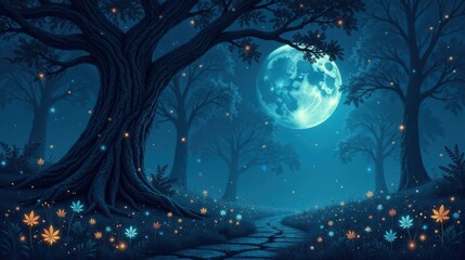 Fototapeta premium Enchanted Forest Path Under a Serene Night Sky with Glowing Flora and Ancient Trees