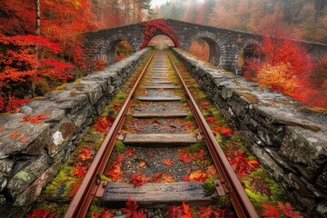 A tranquil scene of a railway track surrounded by vibrant fall foliage, leading to a stone bridge shrouded in mist.