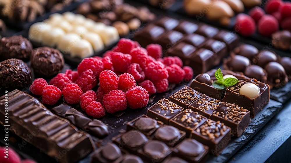 Poster Delicious and Colorful Assorted Chocolates with Raspberries and Nuts Perfect for Dessert Lovers : Generative AI