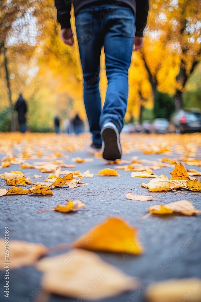 Poster autumn walk on leaf covered path with bright yellow and orange leaves and relaxing atmosphere : gene