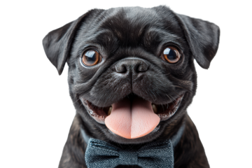A cheerful black pug wearing a bow tie, showcasing a playful and friendly expression. Perfect for pet lovers and fun-themed projects.