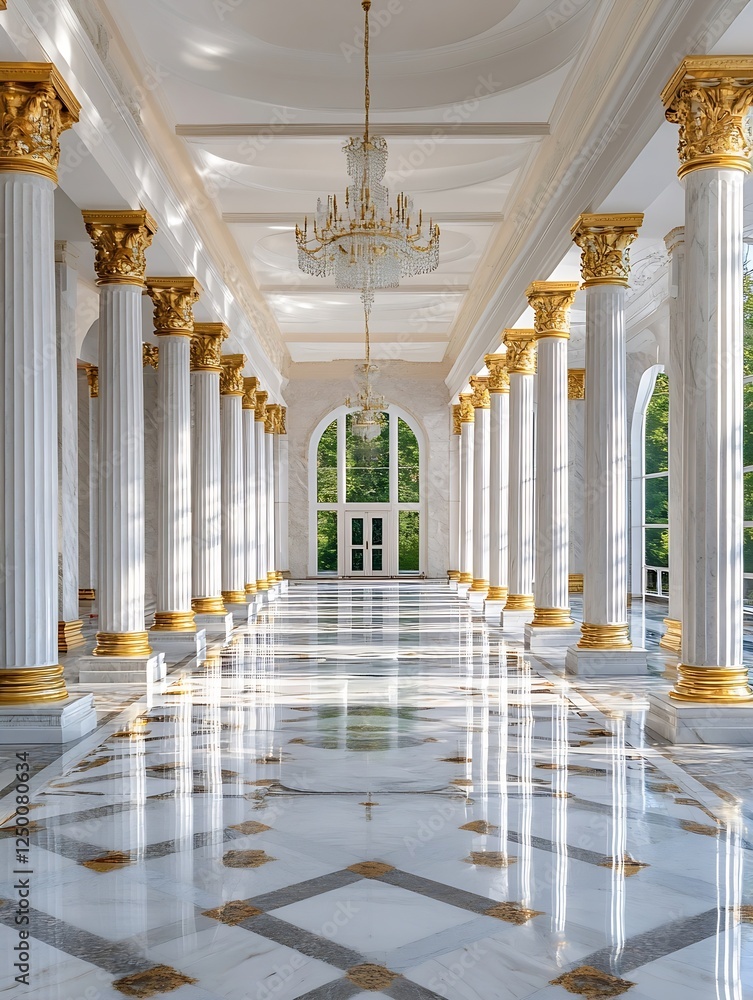 Poster opulent hallway with elegant columns and chandelier creating a luxurious atmosphere of grandeur : ge