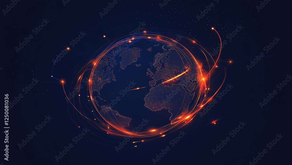 Poster global network: illuminated earth with interconnected lines of light, representing worldwide digital