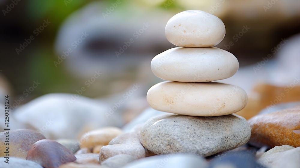 Poster serene stacked stones in tranquil natural setting perfect for mindfulness and meditation : generativ