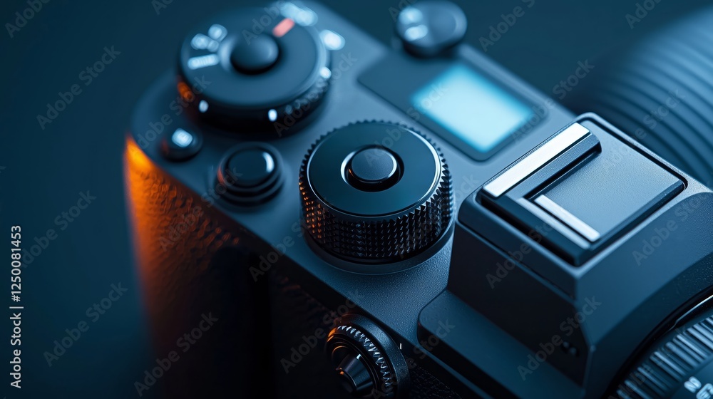 Poster close-up view of modern digital camera controls and design
