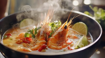 Close-up of a delectable bowl of Tom Yum soup with prawns, chili, and lemongrass, steam rising from the aromatic broth, accompanied by lime wedges and fresh herbs