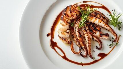 A beautiful close-up of grilled squid drizzled with sauce, served on a white plate with clean space on the side for branding or product text.