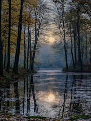 Tranquil Autumn Sunrise Reflected in Still Waters of a Serene Lake : Generative AI