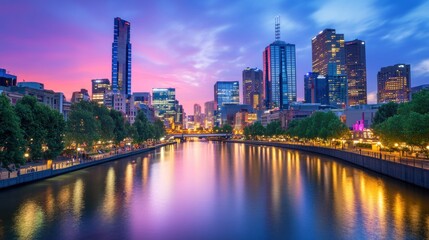 Fototapeta premium A vibrant city skyline at sunset reflecting on a river.