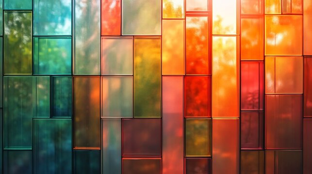 Vibrant glass panels reflect warm sunlight creating a rich autumnal color scheme. AI Generated
