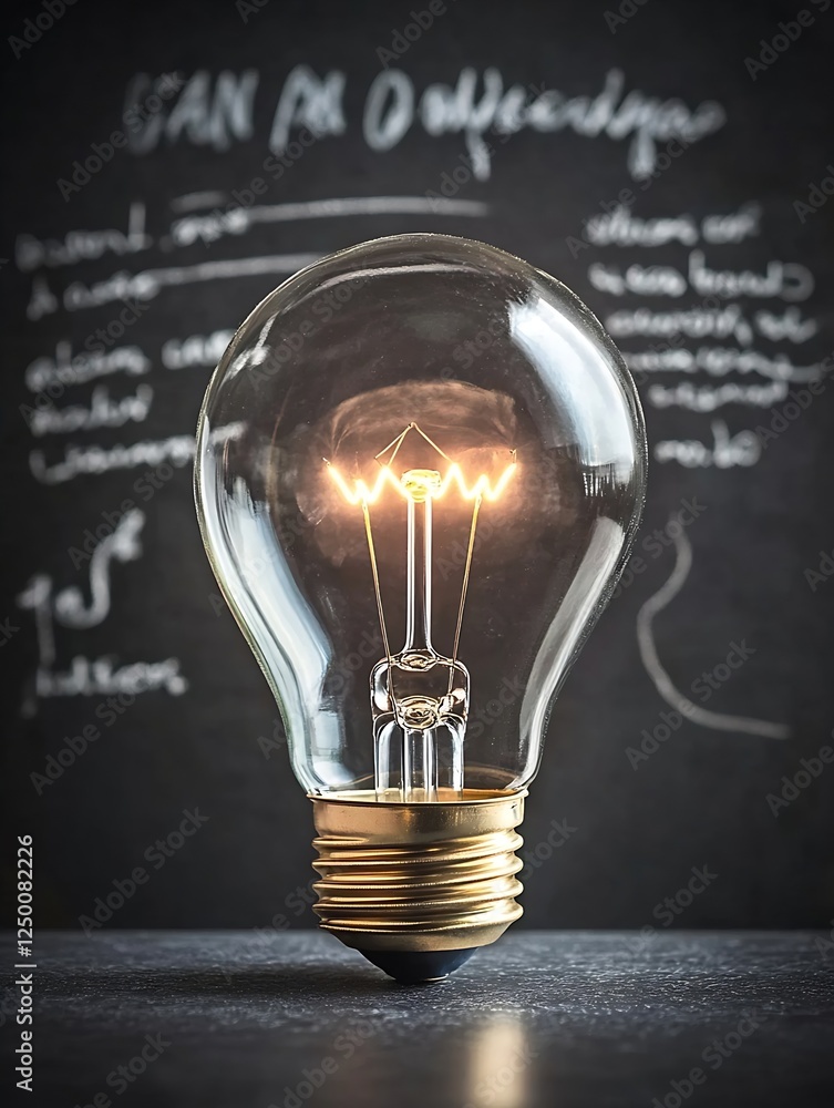 Poster classic light bulb illuminating dark background with handwritten notes and scripts : generative ai